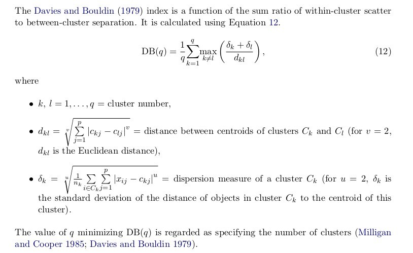 Excerpt from the R NbClust [package description] (https://www.jstatsoft.org/article/view/v061i06)